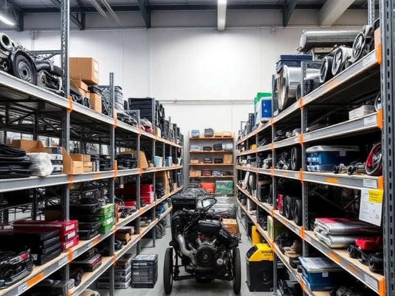 Almacén profesional de repuestos automotrices con estanterías organizadas de componentes de motor y accesorios
