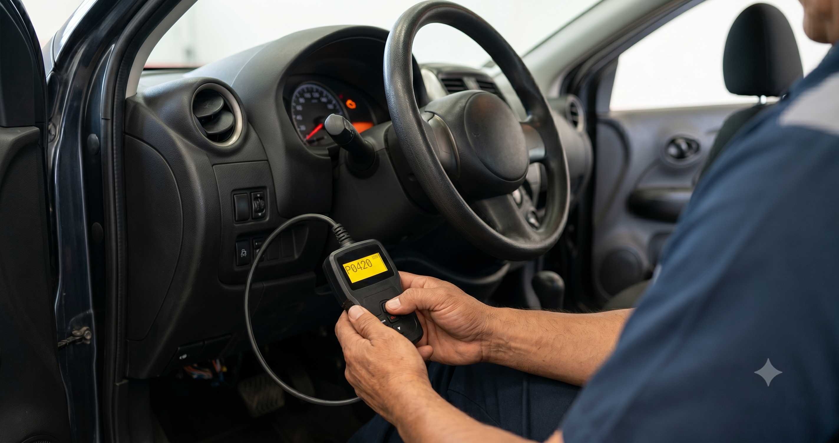 Escáner OBD-II conectado al puerto bajo el volante de un vehículo, mostrando un código P0420 en su pantalla