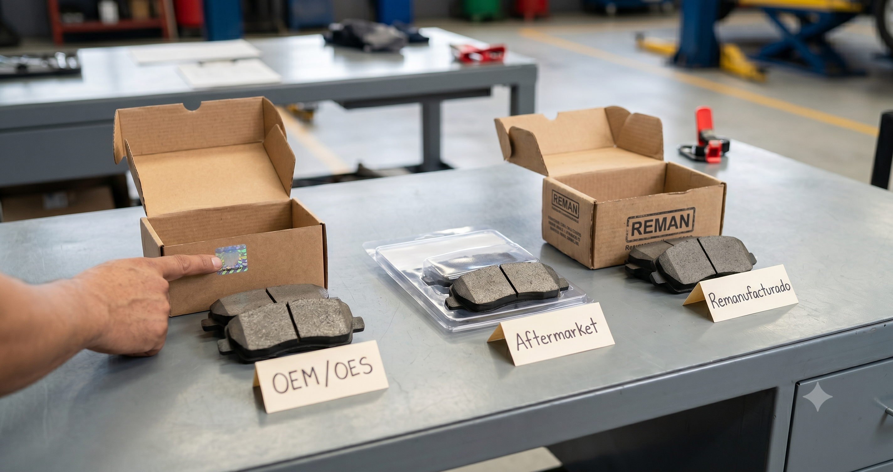 Tres pastillas de freno organizadas en una mesa de taller mostrando empaques OEM, aftermarket y remanufacturado