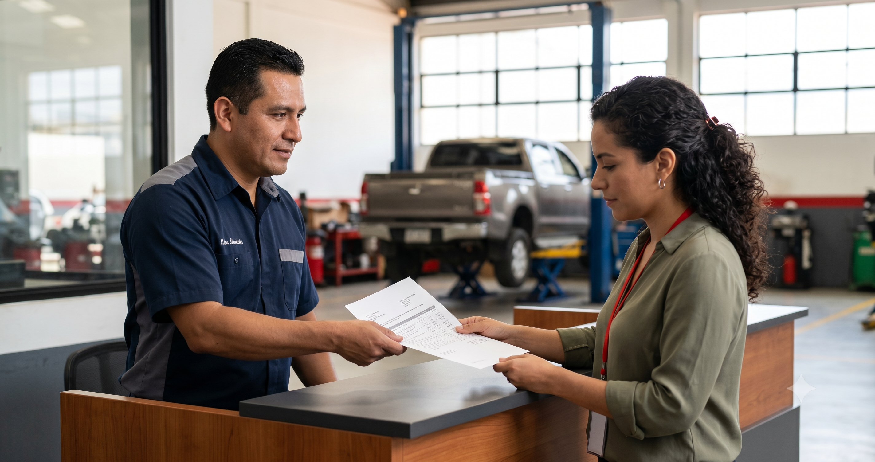 Mecánico profesional explicando una cotización a un cliente en un taller automotriz limpio y organizado
